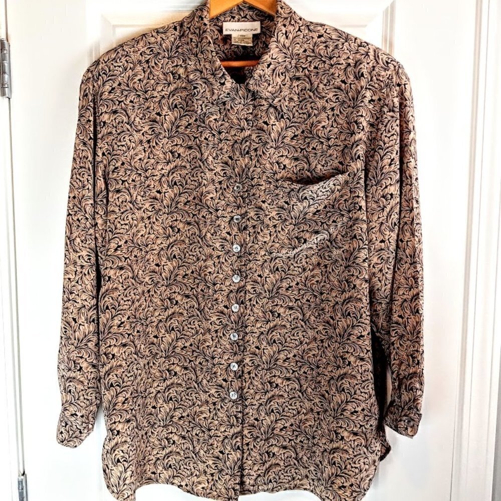 Vintage Evan Picone Black Tan Print 100% Silk Long Sleeve Blouse